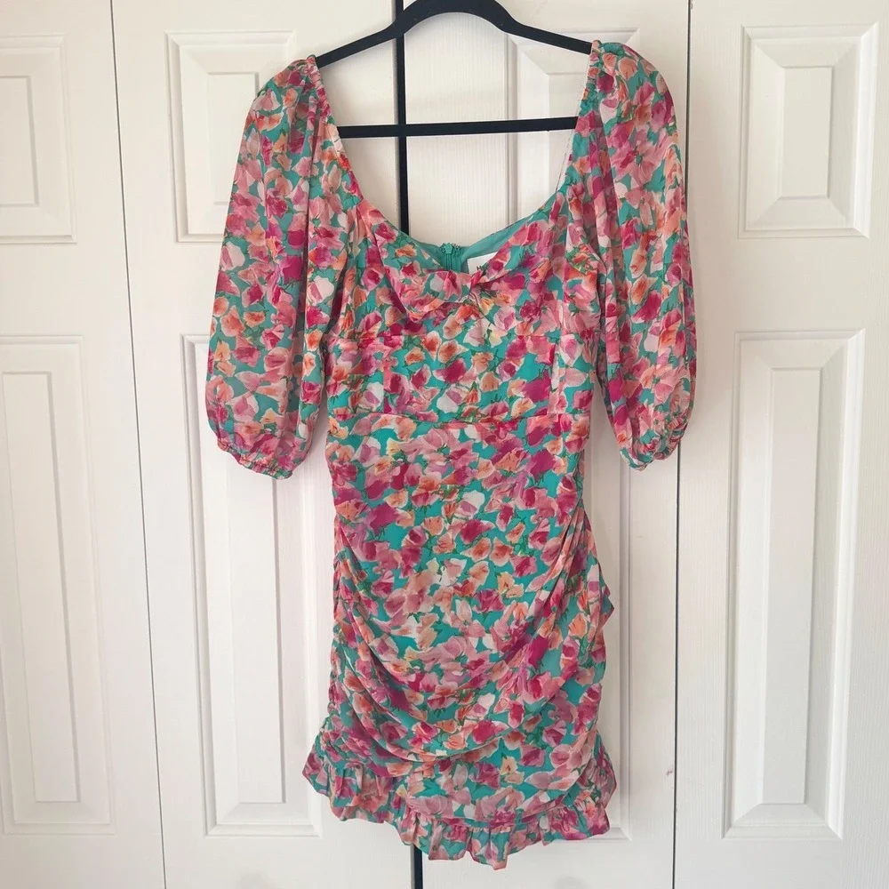 Hello Molly Teal Pink Floral Ruched Puff Sleeve Mini Dress Size 6 US 10 AU